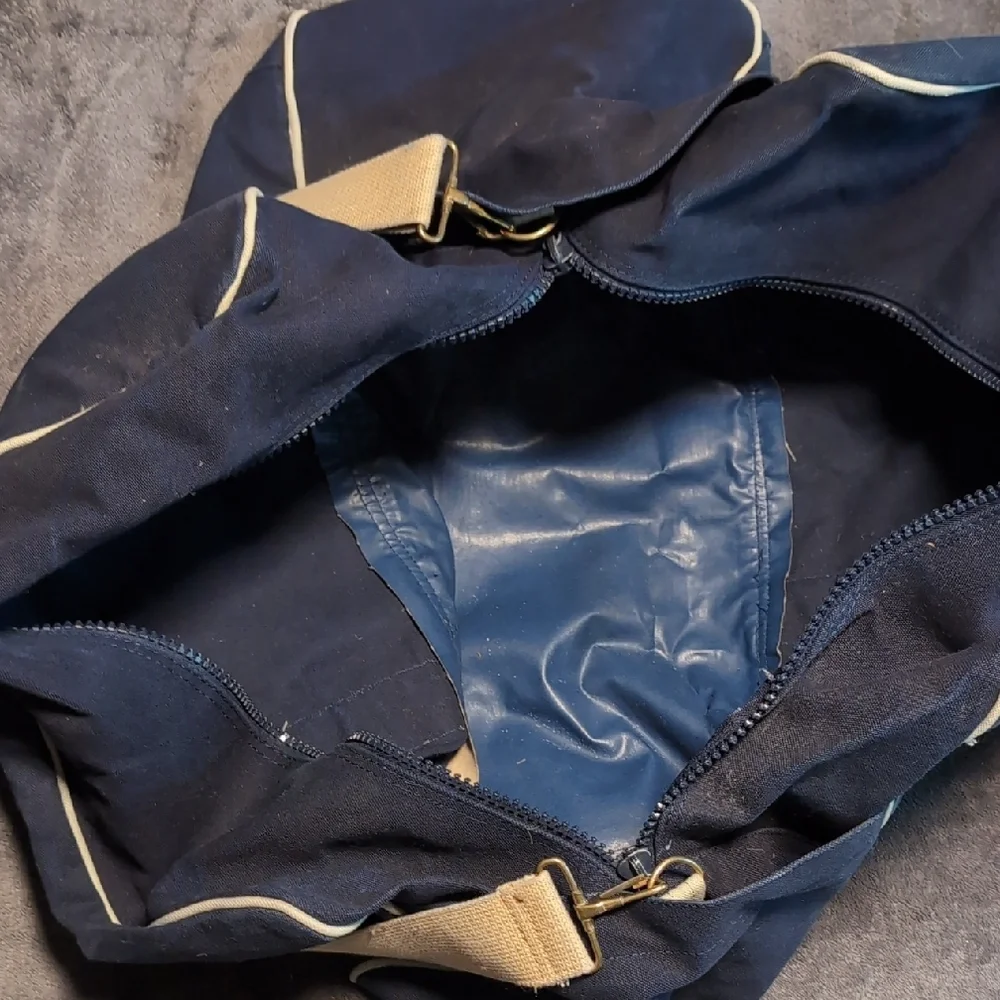 Navy and Tan Canvas Duffel Bag